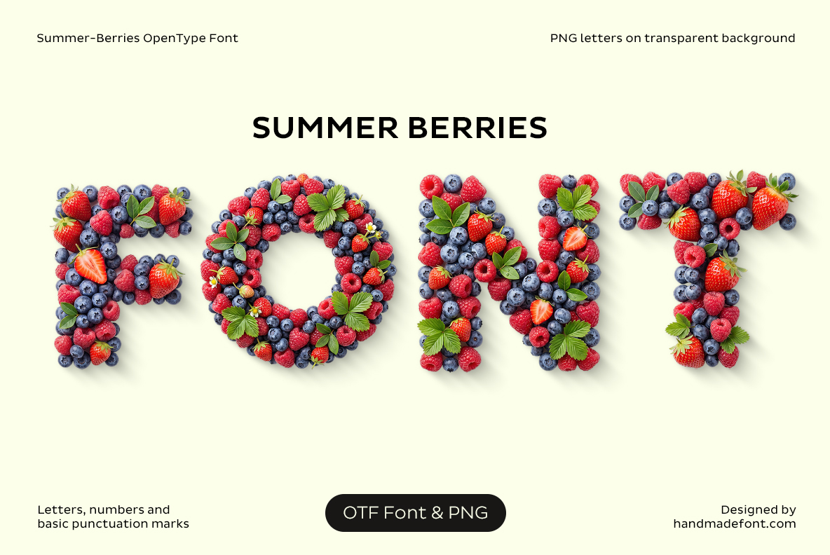 Summer Berries Font – Handmade Berry Typography Summer Berries Font with letters made from strawberries, raspberries and blueberries