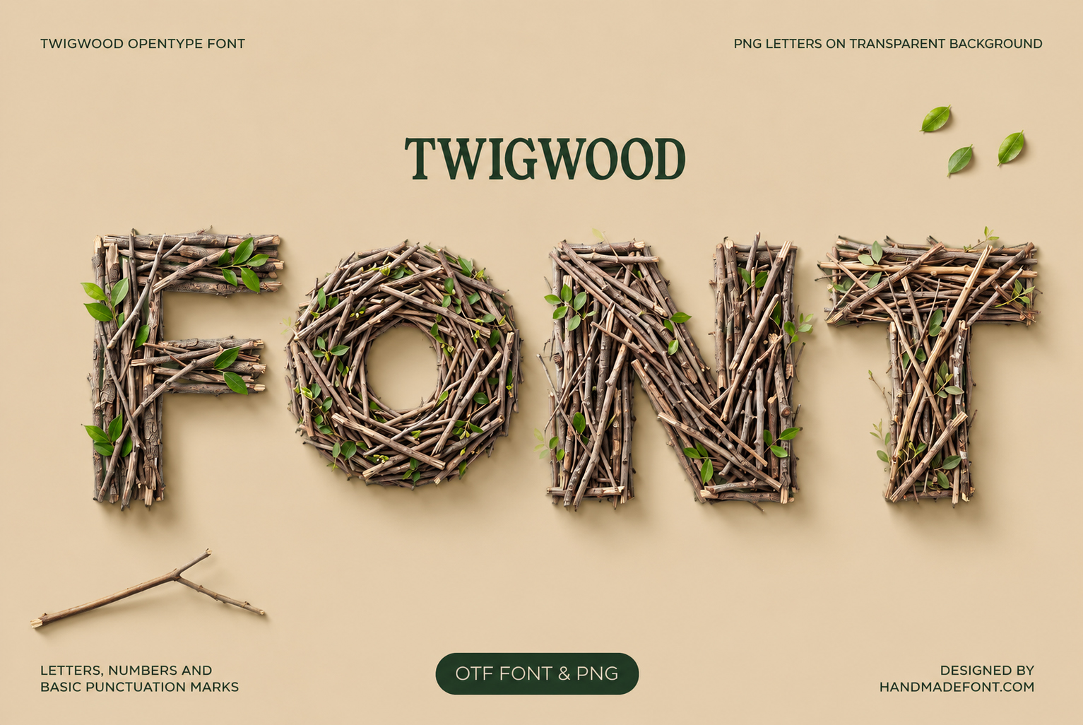 Twigwood Font with letters formed from intertwined natural twigs and leaves
