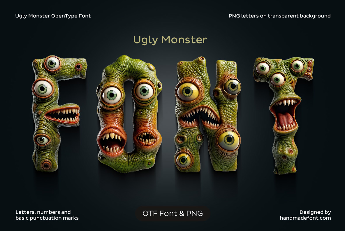 Ugly Monster Font – Grotesque Creature Typography Ugly Monster Font with strange eyes, teeth and grotesque organic textures