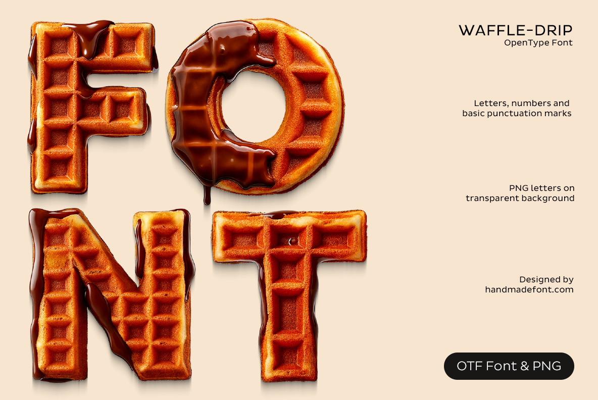 Waffle Drip Font – Waffle Food Typography Waffle Drip Font with golden waffle letters covered in dripping chocolate forming the word FONT