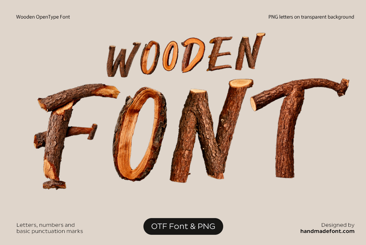 Wooden Font with realistic dimensional letters made from timber