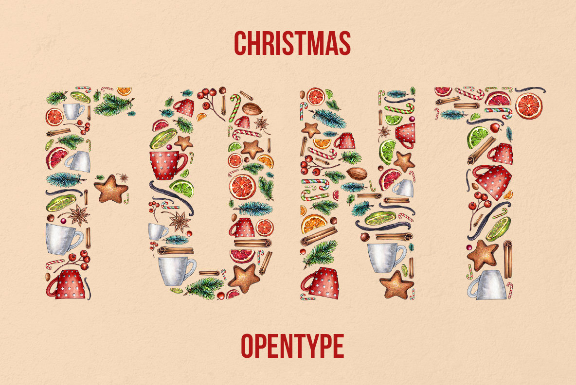 Xmas Font with decorative letters inspired by classic Christmas details