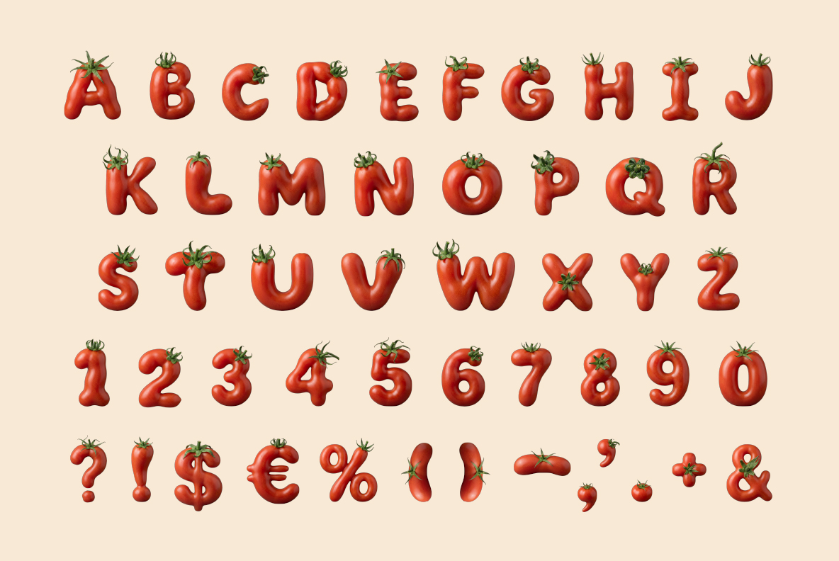 Garden Tomato Font Complete Alphabet Complete Garden Tomato Font alphabet with uppercase letters, numbers, punctuation marks, and realistic tomato textures.