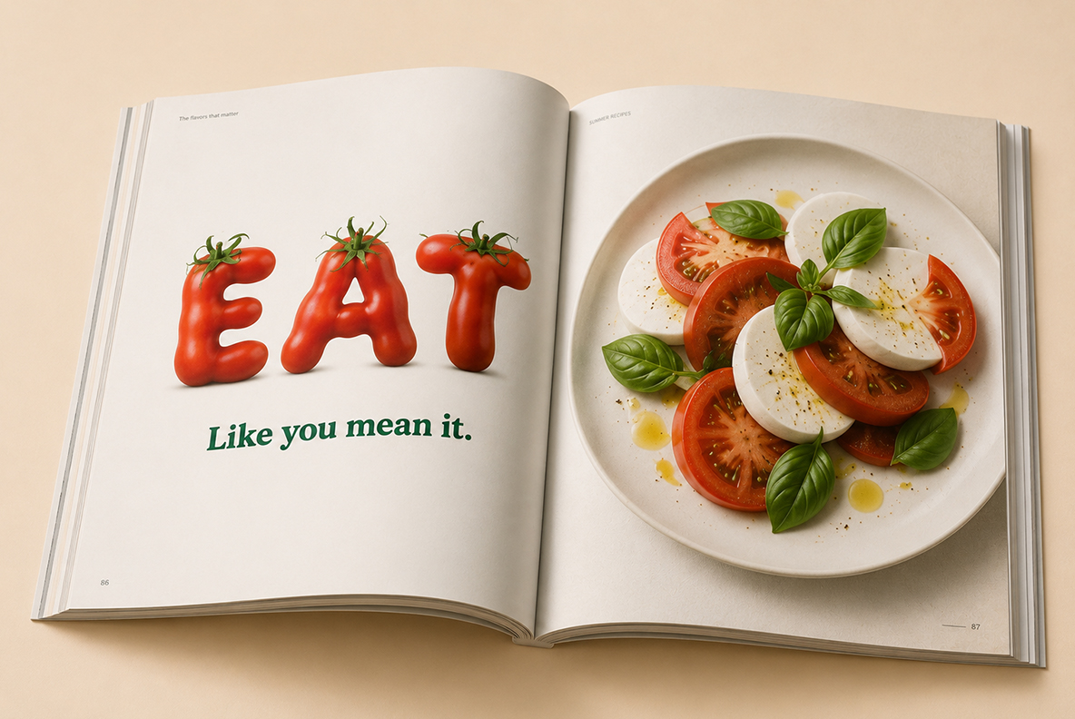 Garden Tomato Font Cookbook Mockup Garden Tomato Font cookbook mockup featuring tomato typography beside a fresh Caprese salad recipe layout.
