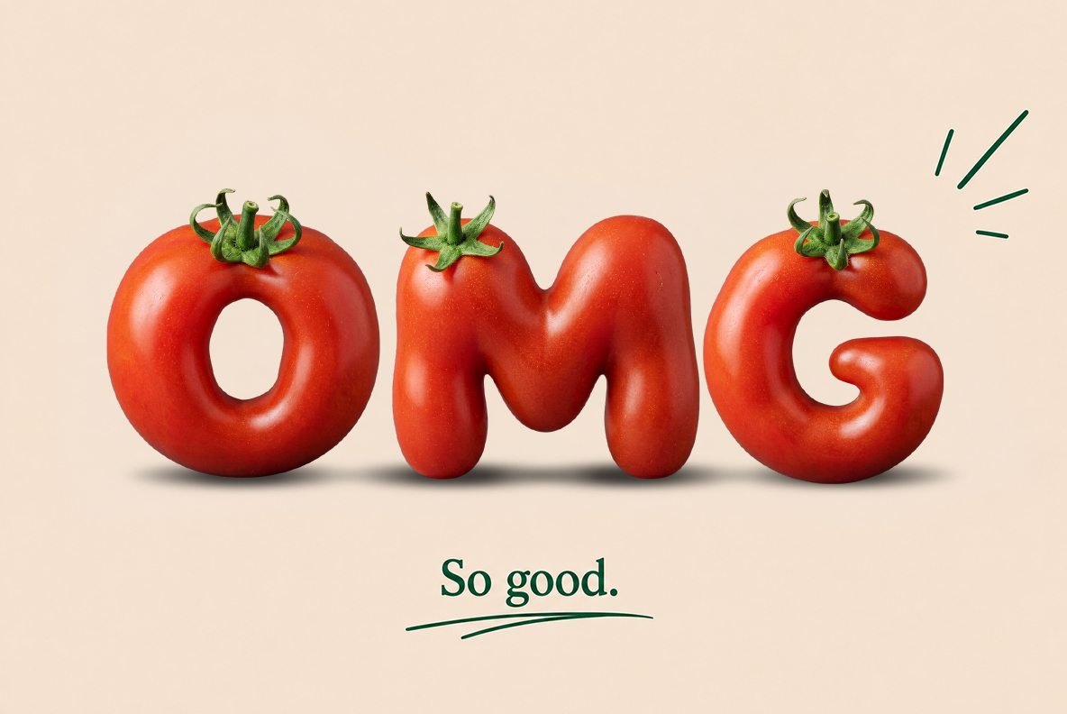 Garden Tomato Font – OMG Typography Garden Tomato Font spelling the word OMG with bold tomato letters and realistic natural textures.