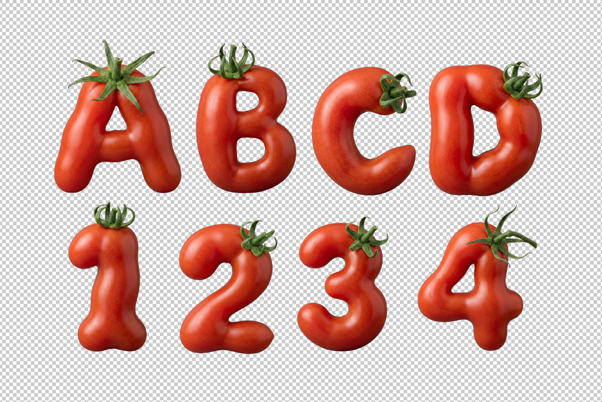 Garden Tomato Font PNG Letters Garden Tomato Font transparent PNG letters preview showing individual tomato characters on a transparent background.