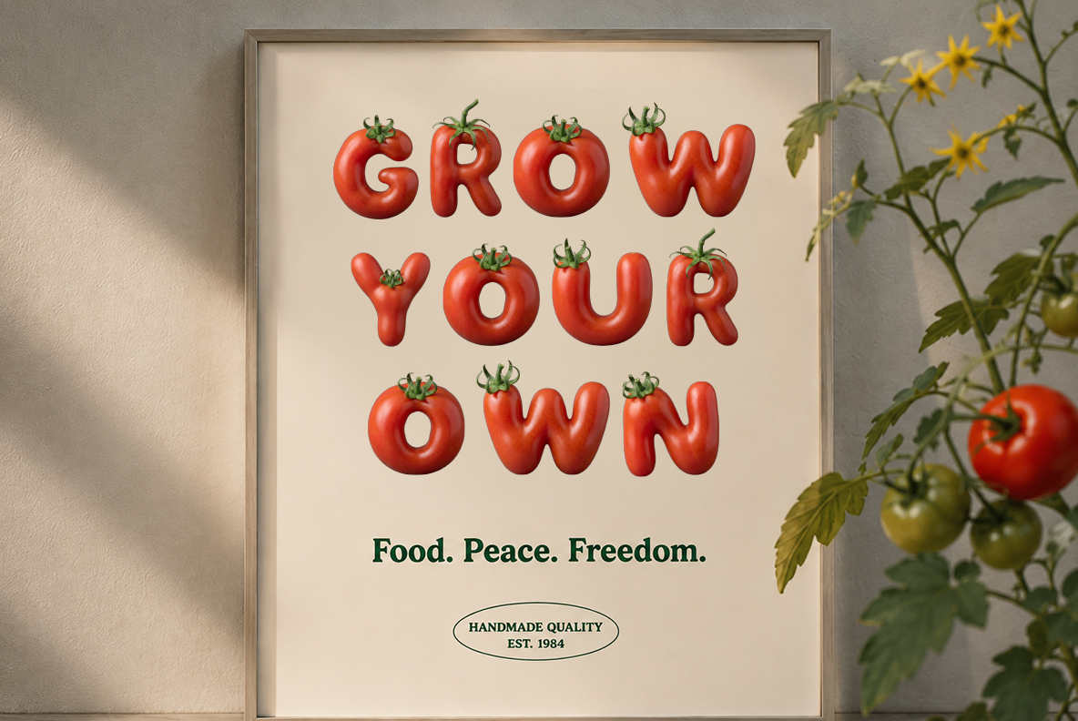 Garden Tomato Font Poster Mockup Garden Tomato Font poster mockup with realistic tomato lettering for contemporary wall art and food-inspired interiors.