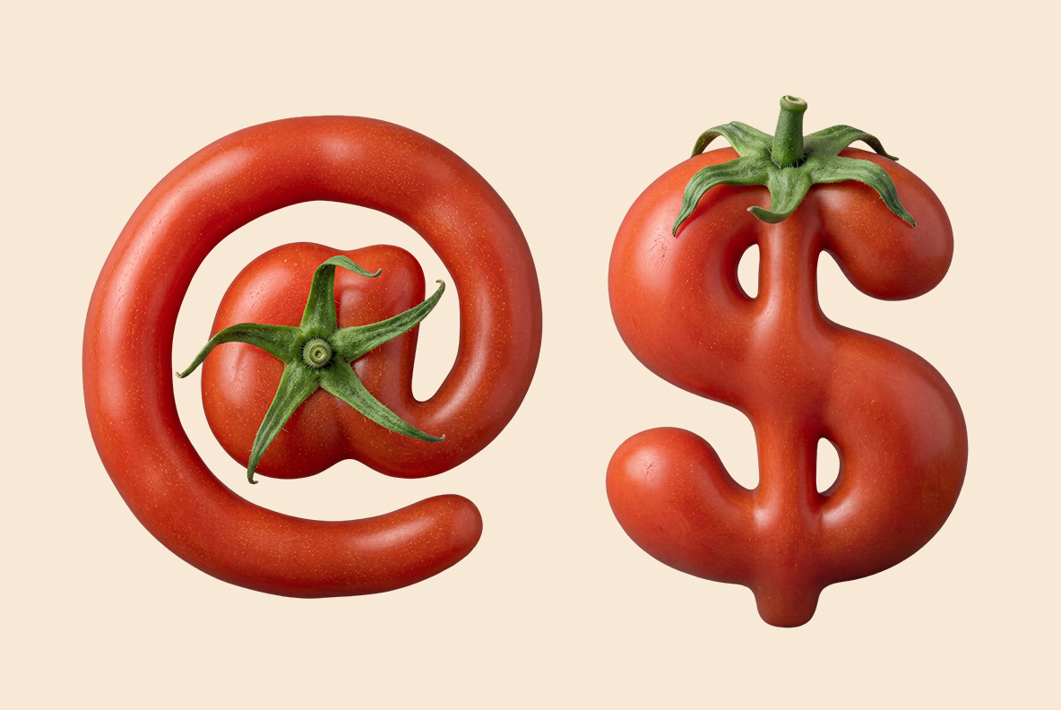 Garden Tomato Font Special Characters Garden Tomato Font special characters featuring realistic tomato @ symbol and dollar sign on a clean background.