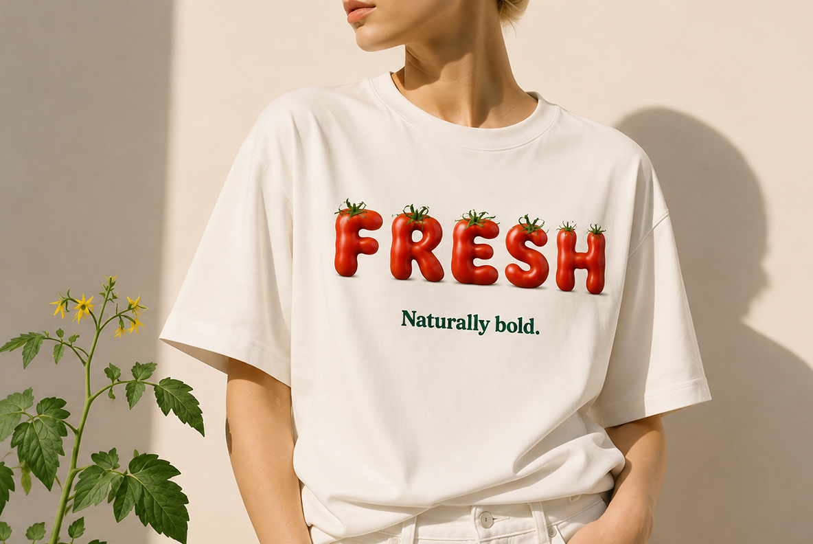T-Shirt In The Garden Tomato Font White t-shirt printed with the word FRESH in the Garden Tomato Font