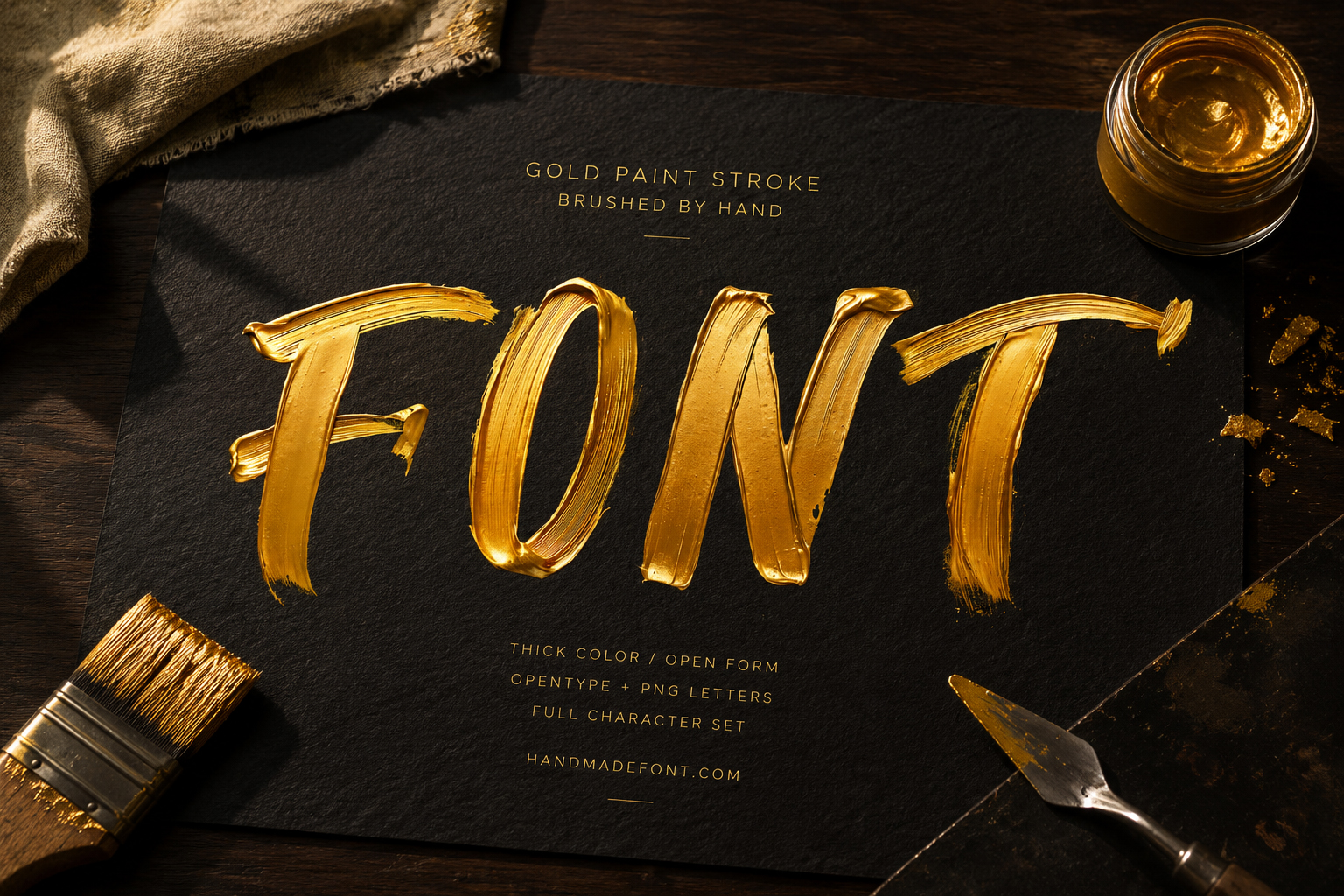 Gold Paint Stroke Font with expressive brush lettering and realistic metallic gold paint texture