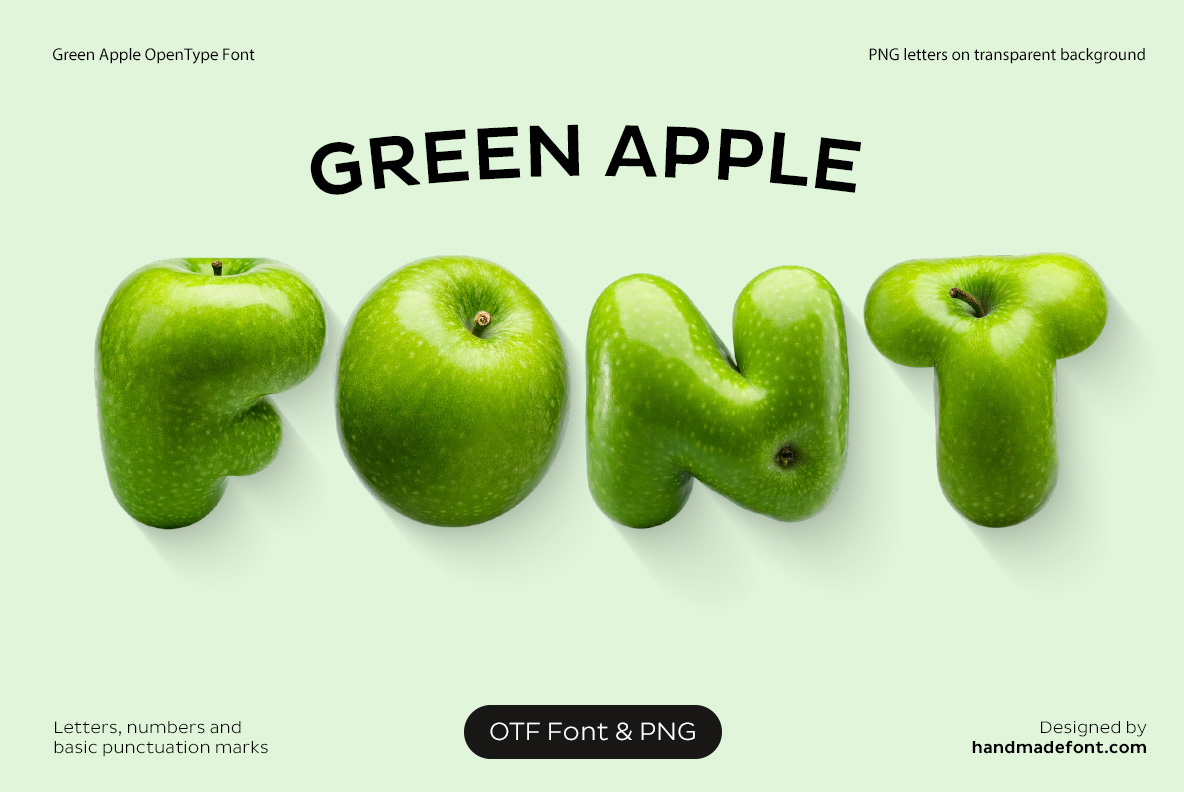 Green Apple Font – 3D Fruit Lettering Green Apple Font featuring handmade 3D letters shaped from fresh green apples