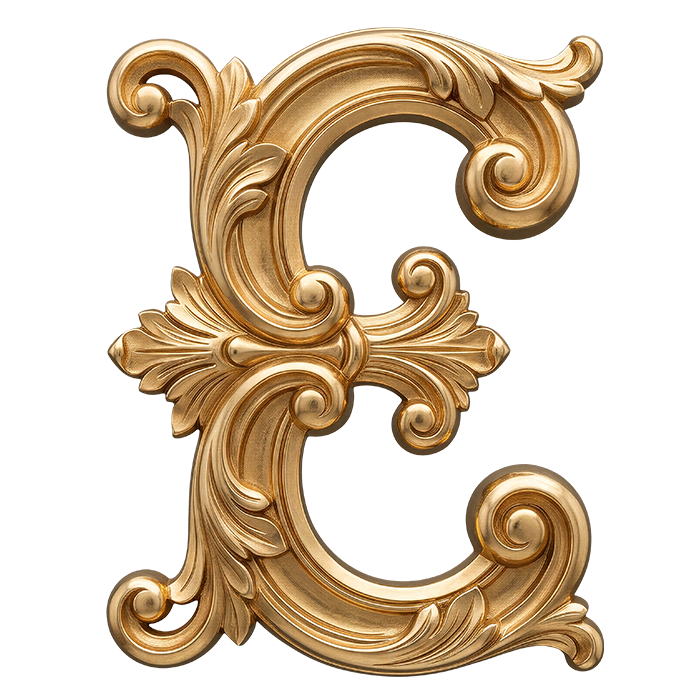 Letter E. Golden Rococo Font