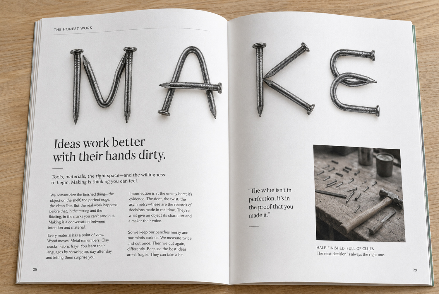 Nails Font – Make Nail Typography Mockup Nails Font mockup with the word Make formed with nail letters in an editorial magazine
