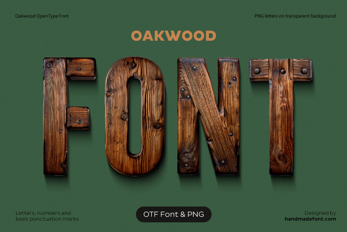 Oakwood Font – Rustic Wooden Typography Oakwood Font featuring realistic dark wooden letters with natural grain