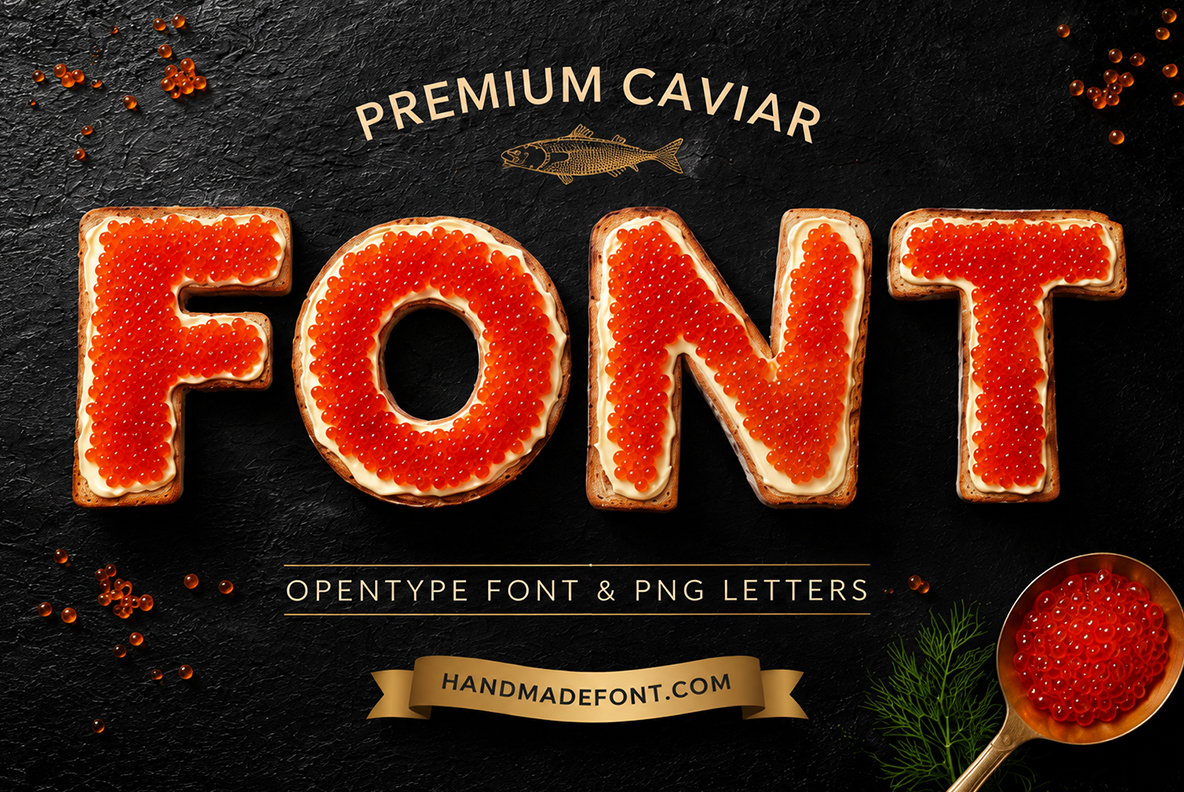 Premium Caviar Font – Luxury Food Typography Premium Caviar Font with red caviar letters on toast spelling FONT