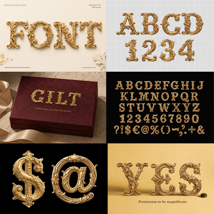Golden Rococo Font – Ornate Gold Typeface with Baroque Elegance - Image 2
