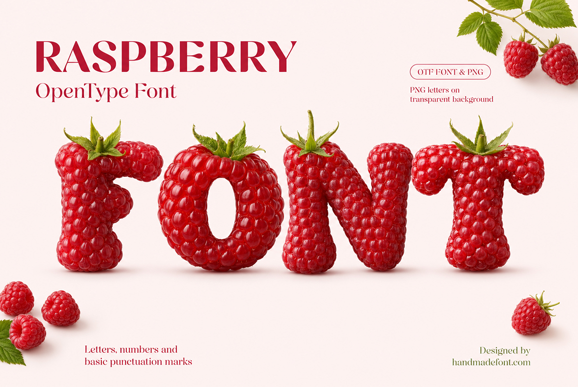 Raspberry Font – Handmade 3D Fruit Typography Raspberry Font with handmade 3D letters created from realistic red raspberries