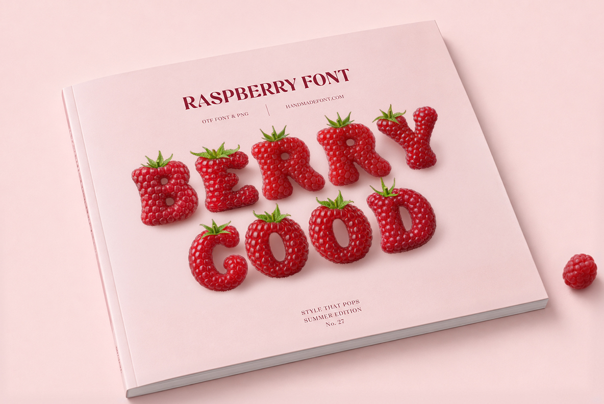 Raspberry Font – BERRY GOOD Editorial Design Pink book cover with BERRY GOOD written in Raspberry Font