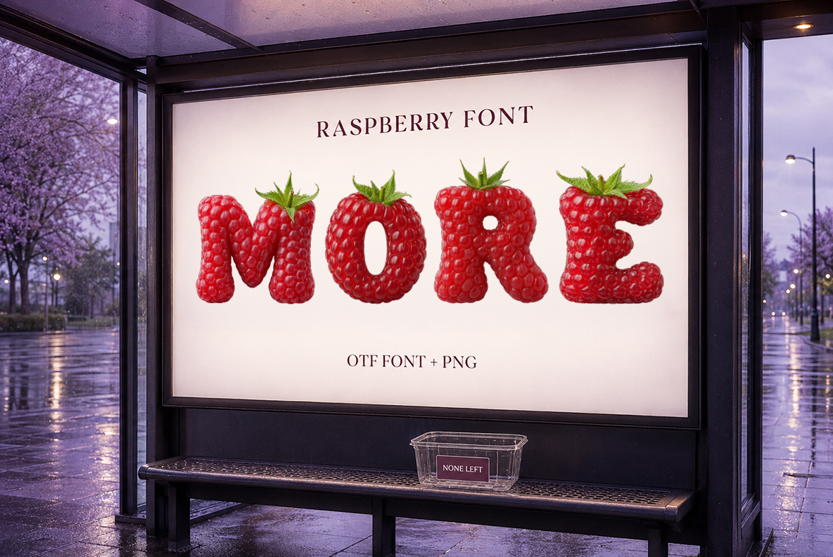 Raspberry Font – MORE Advertising Poster Illuminated advertising poster with MORE written in Raspberry Font