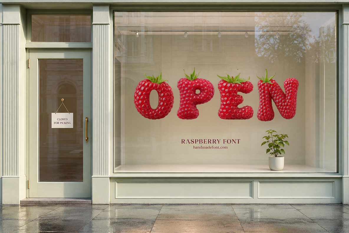 Raspberry Font – OPEN Shop Window Lettering Shop window displaying OPEN in realistic Raspberry Font letters
