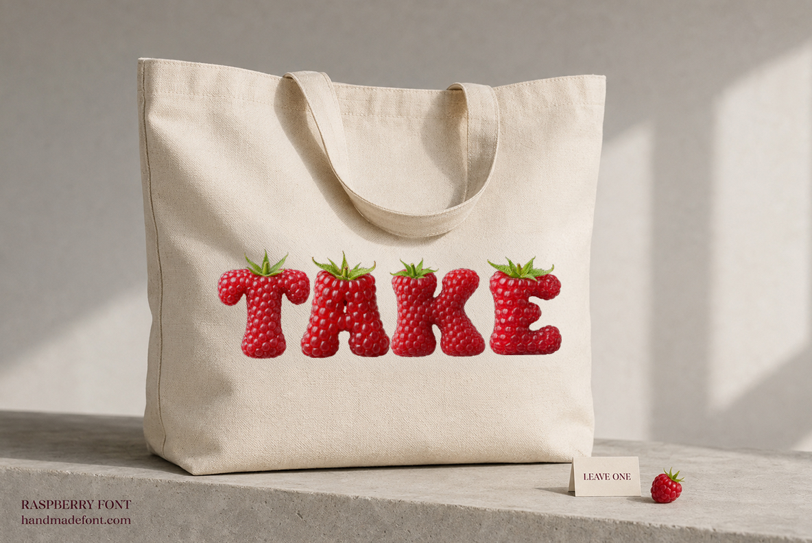 Raspberry Font – TAKE Tote Bag Typography Canvas tote bag with TAKE written in red raspberry letters