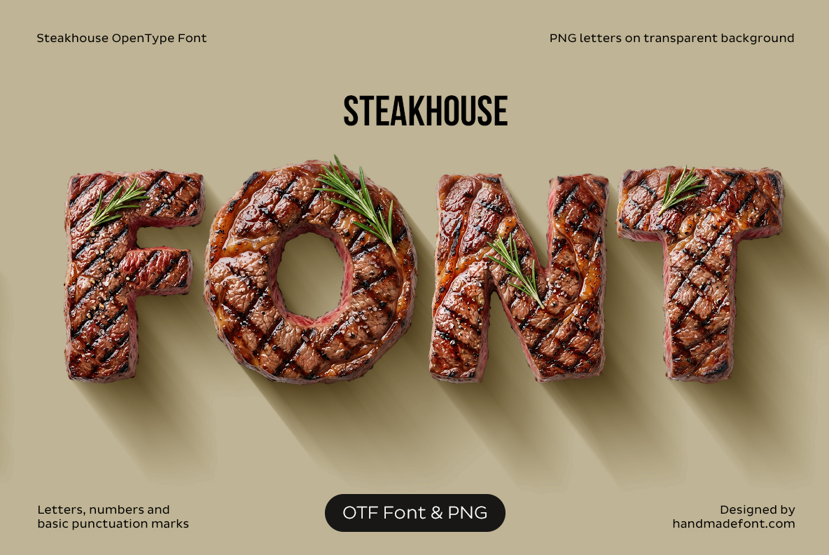 Steakhouse Font – Grilled Steak Typography Steakhouse Font with grilled steak letters forming the word FONT