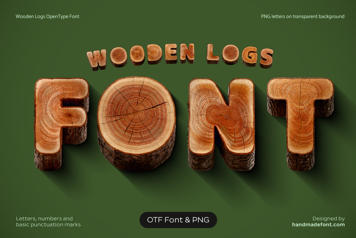 Wooden Logs Font – Tree Ring Typography Wooden Logs Font with 3D letters made from cross sections of wooden logs