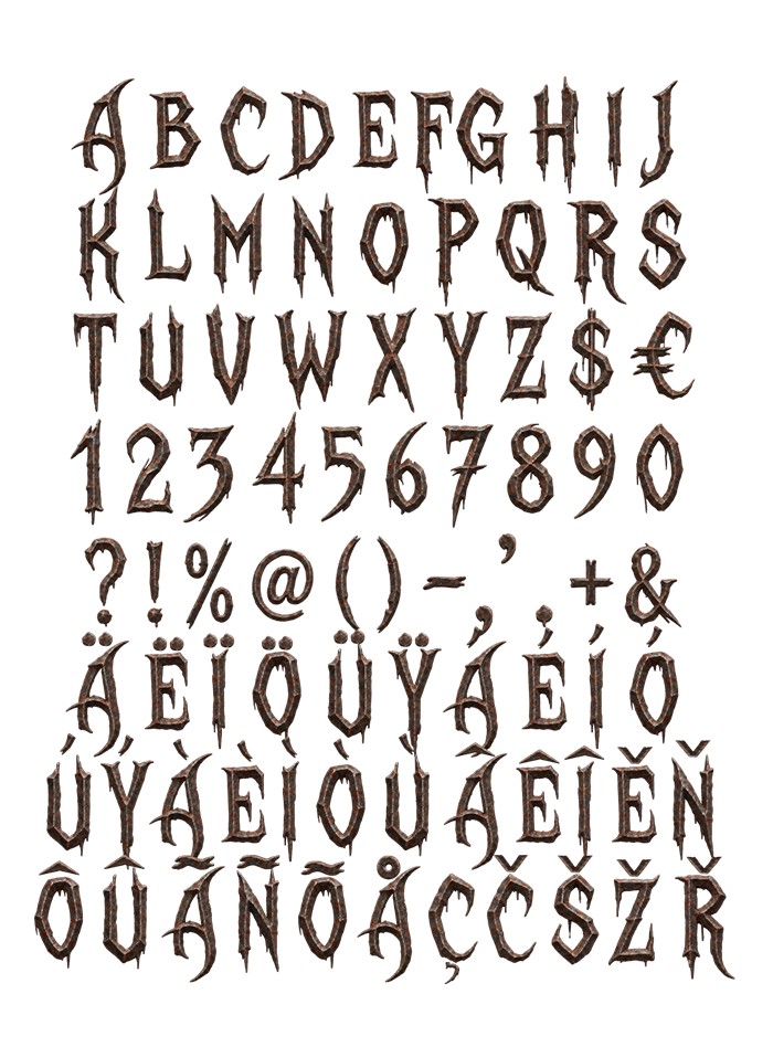 Full uppercase alphabet, figures, punctuation and accents of the Gothic Rust Font