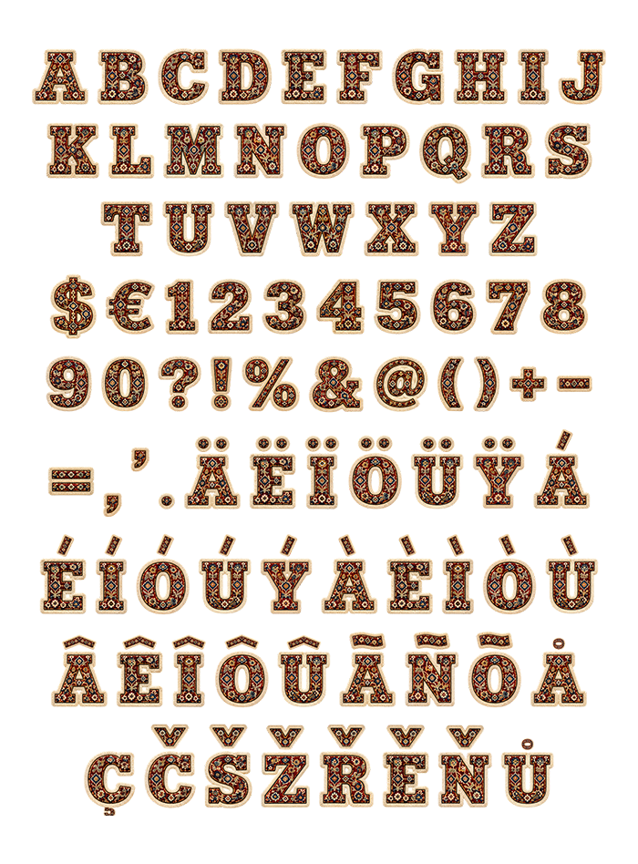 Full character set of the Woven Carpet Font with capitals, figures, currency, punctuation and accented letters