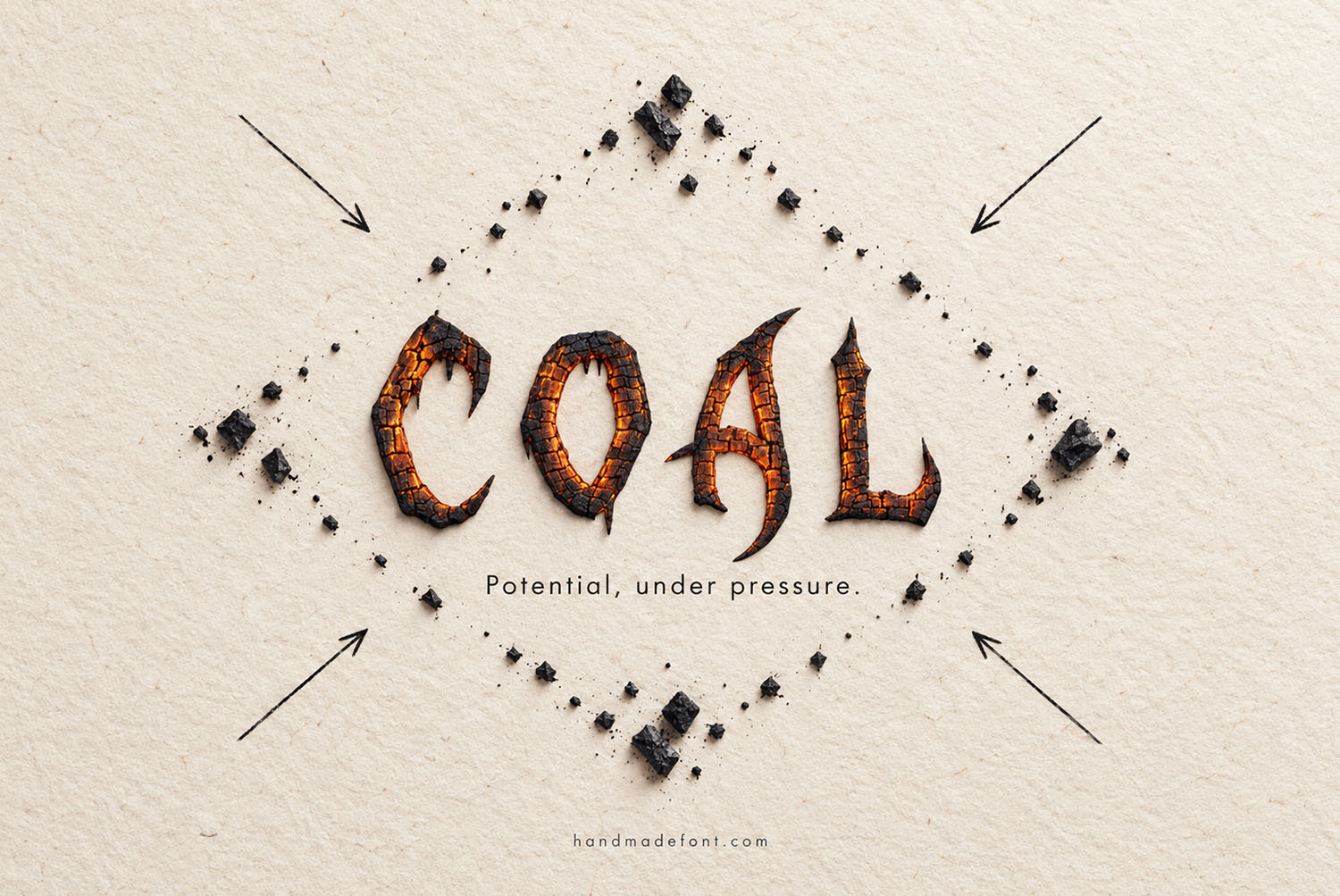 Burn Hell Font coal layout The word COAL in the Burn Hell Font on pale paper framed by arrows and charcoal fragments
