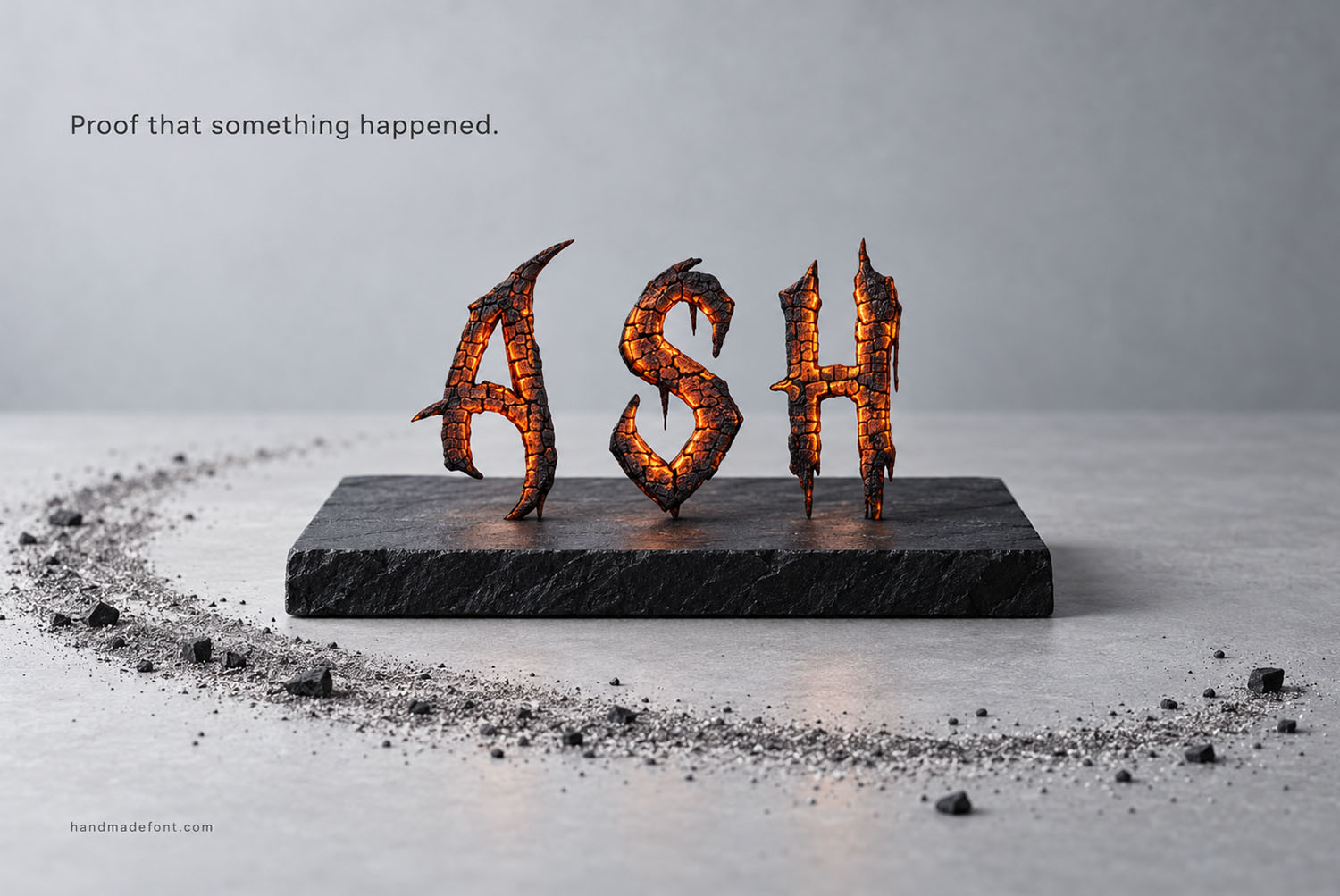 Burn Hell Font ash setup The word ASH in the Burn Hell Font standing on a slate slab inside an arc of scattered ash