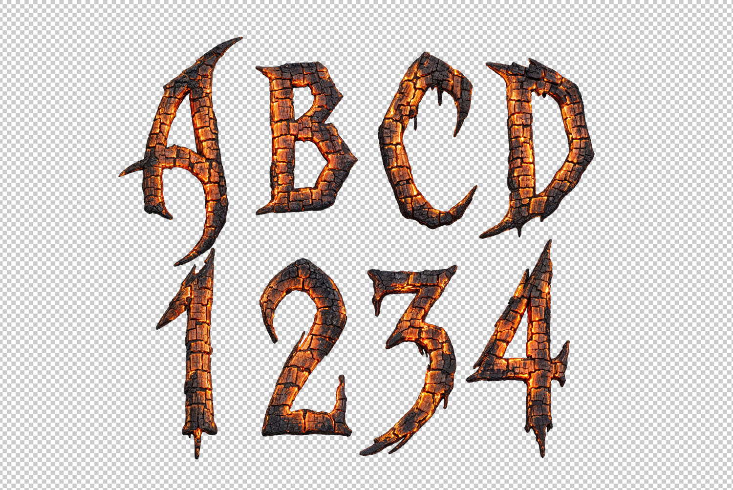 Burn Hell Font letters and numbers Letters A to D and numbers 1 to 4 of the Burn Hell Font on a transparent background
