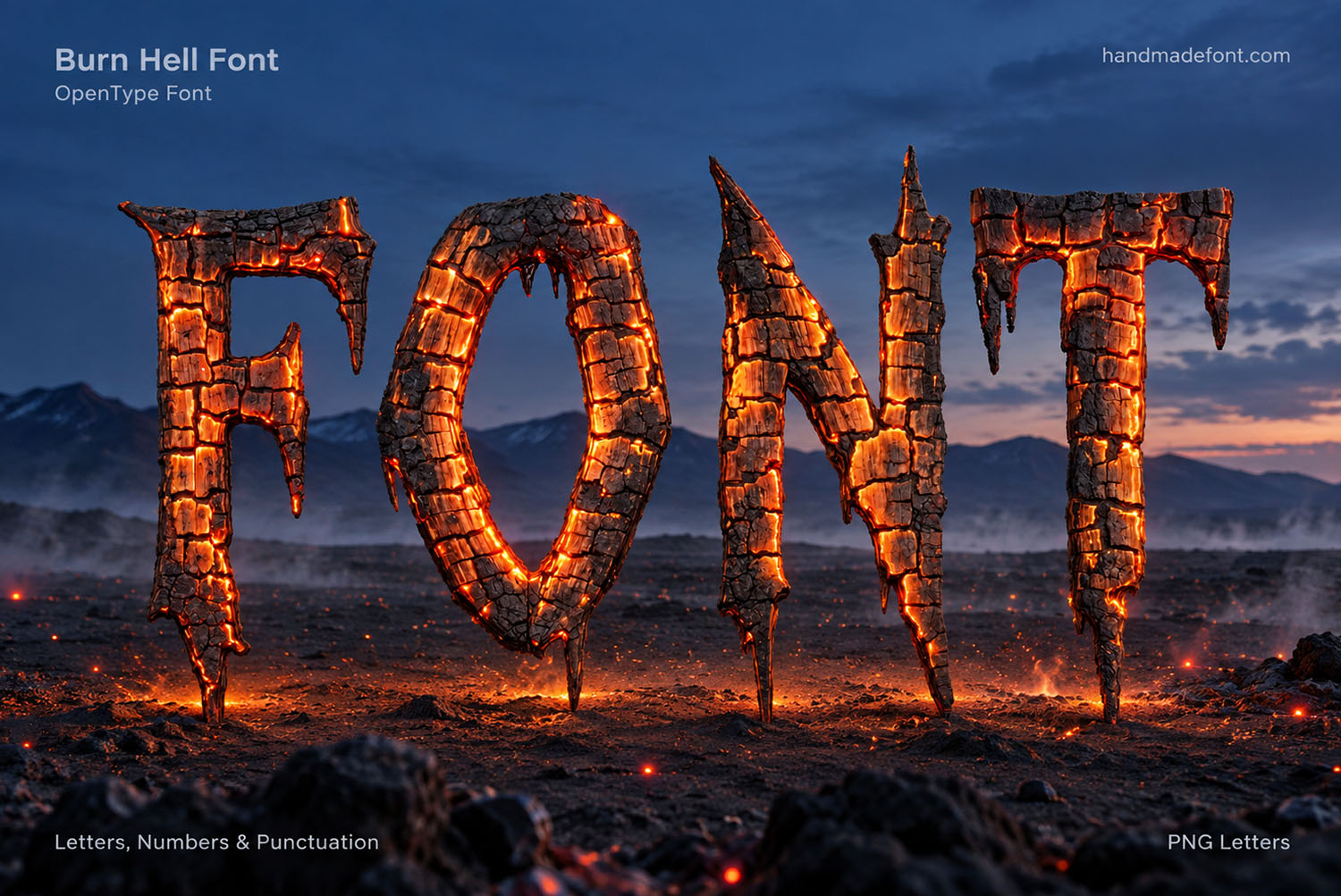 Burn Hell Font landscape poster The word FONT built as glowing monoliths in the Burn Hell Font on a volcanic plain at dusk