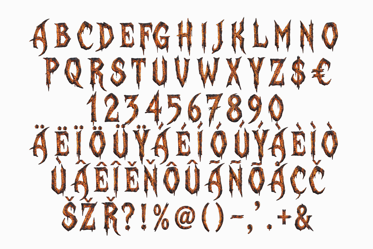 Burn Hell Font character set Complete character set of the Burn Hell Font with currency signs, diacritics and punctuation