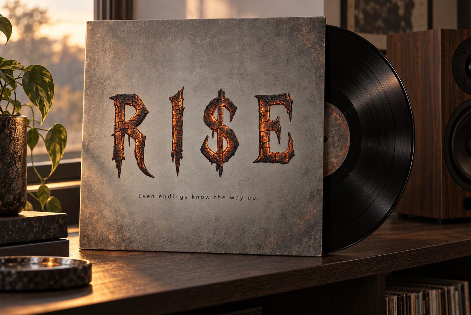 Burn Hell Font record sleeve Concrete record sleeve reading RISE set in the Burn Hell Font beside a vinyl disc