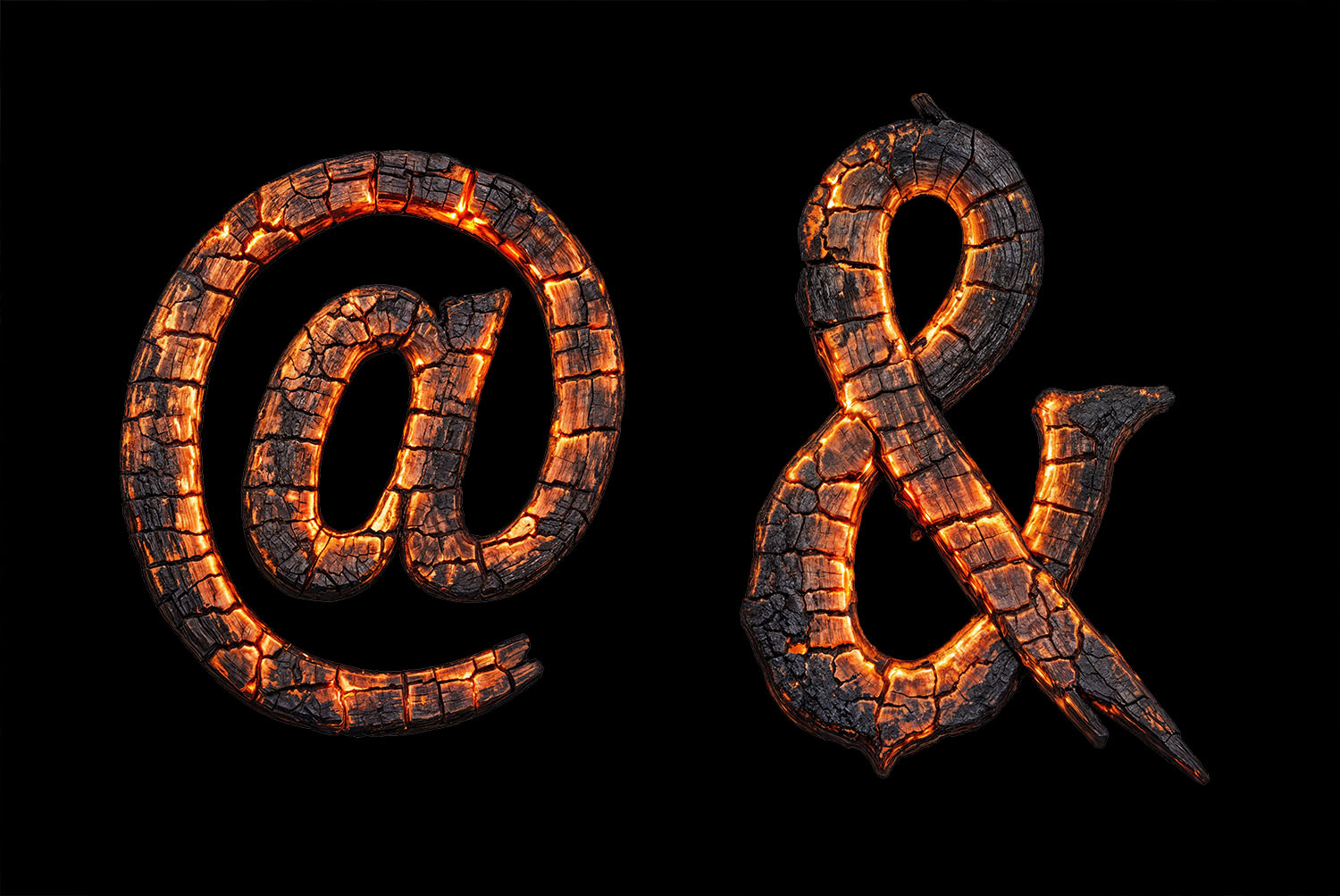 Burn Hell Font ampersand and at sign Ampersand and at sign of the Burn Hell Font glowing against a black background