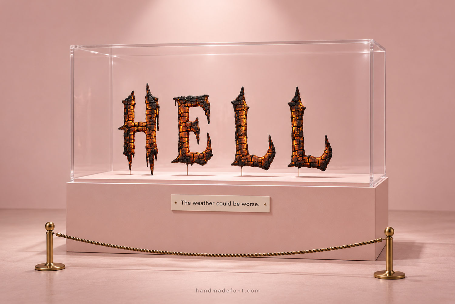 Burn Hell Font glass display case The word HELL in the Burn Hell Font shown inside a glass display case in a pink room