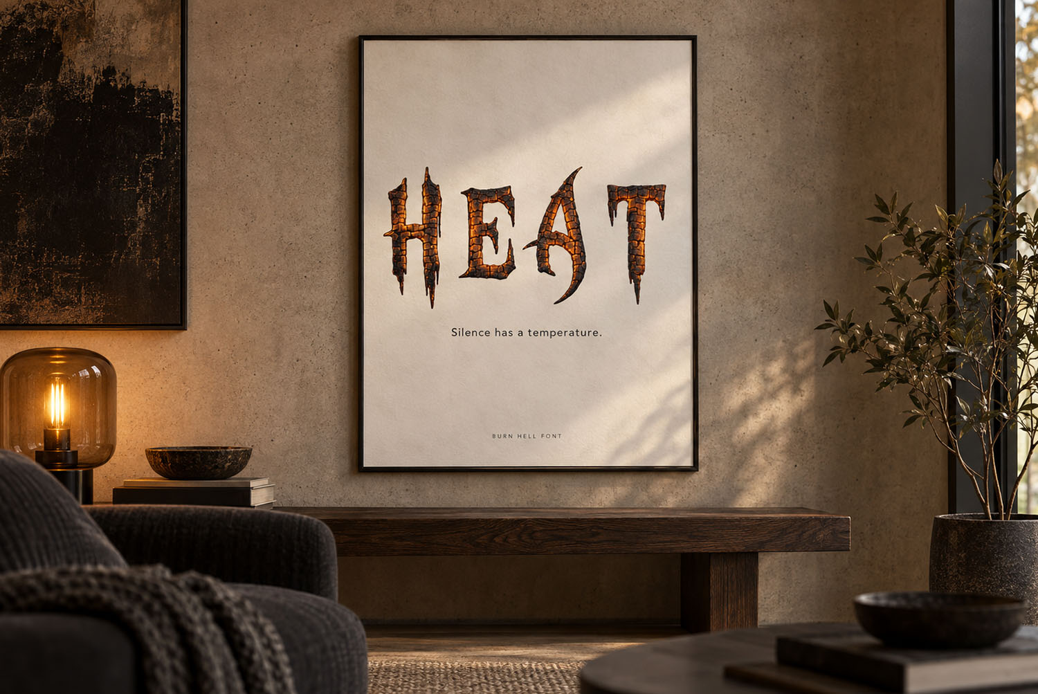 Burn Hell Font framed poster Framed poster reading HEAT in the Burn Hell Font hanging in a dark living room