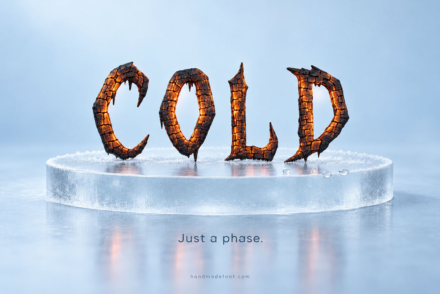 Burn Hell Font ice block poster The word COLD in the Burn Hell Font standing on a thick block of melting ice