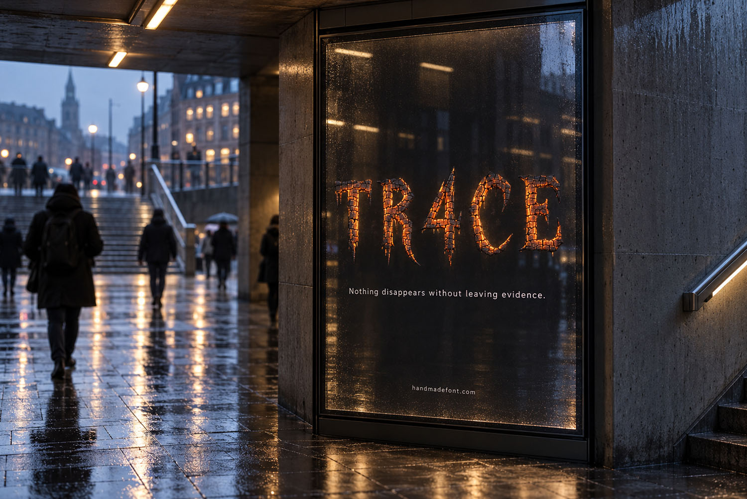 Burn Hell Font shop window Rainy night storefront window showing TR4CE set in the Burn Hell Font