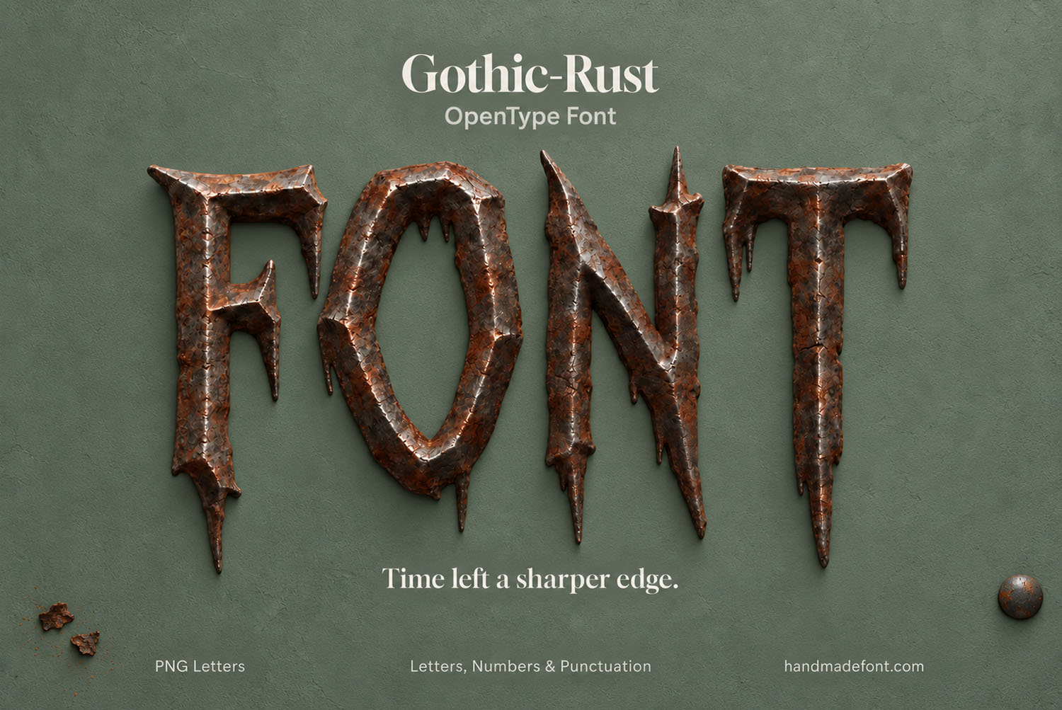 The word FONT in the Gothic Rust Font Close-up of the word FONT in the Gothic Rust Font on a muted green background