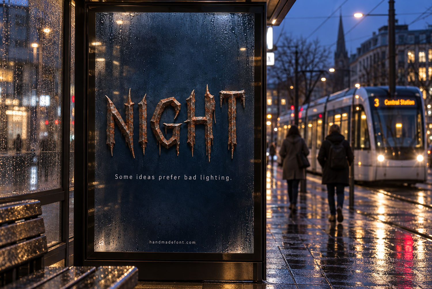 Night billboard in the Gothic Rust Font City billboard on a wet street at night showing the word NIGHT in the Gothic Rust Font