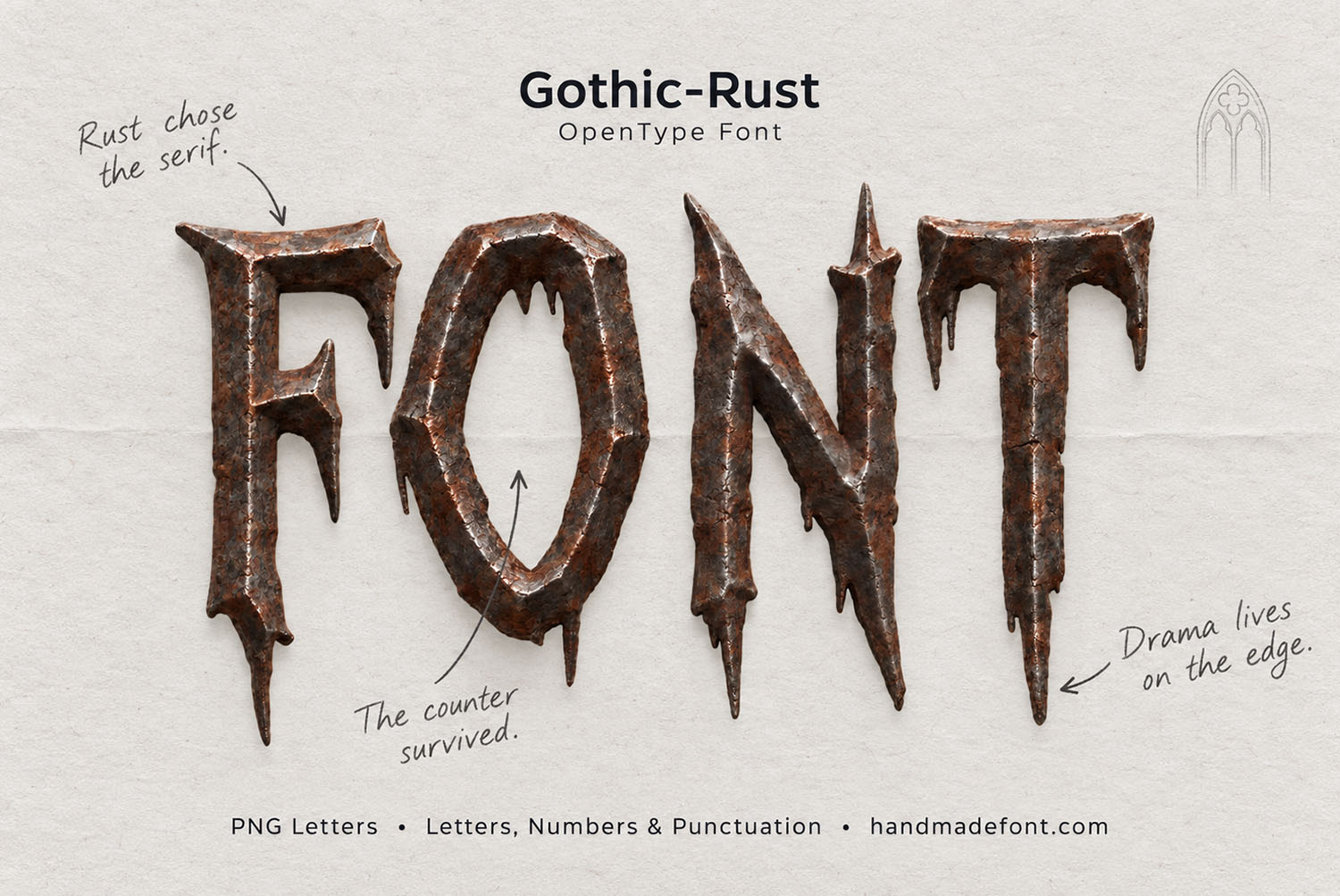 Specimen poster of the Gothic Rust Font Specimen poster of the Gothic Rust Font with the word FONT and handwritten notes on its spiked serifs