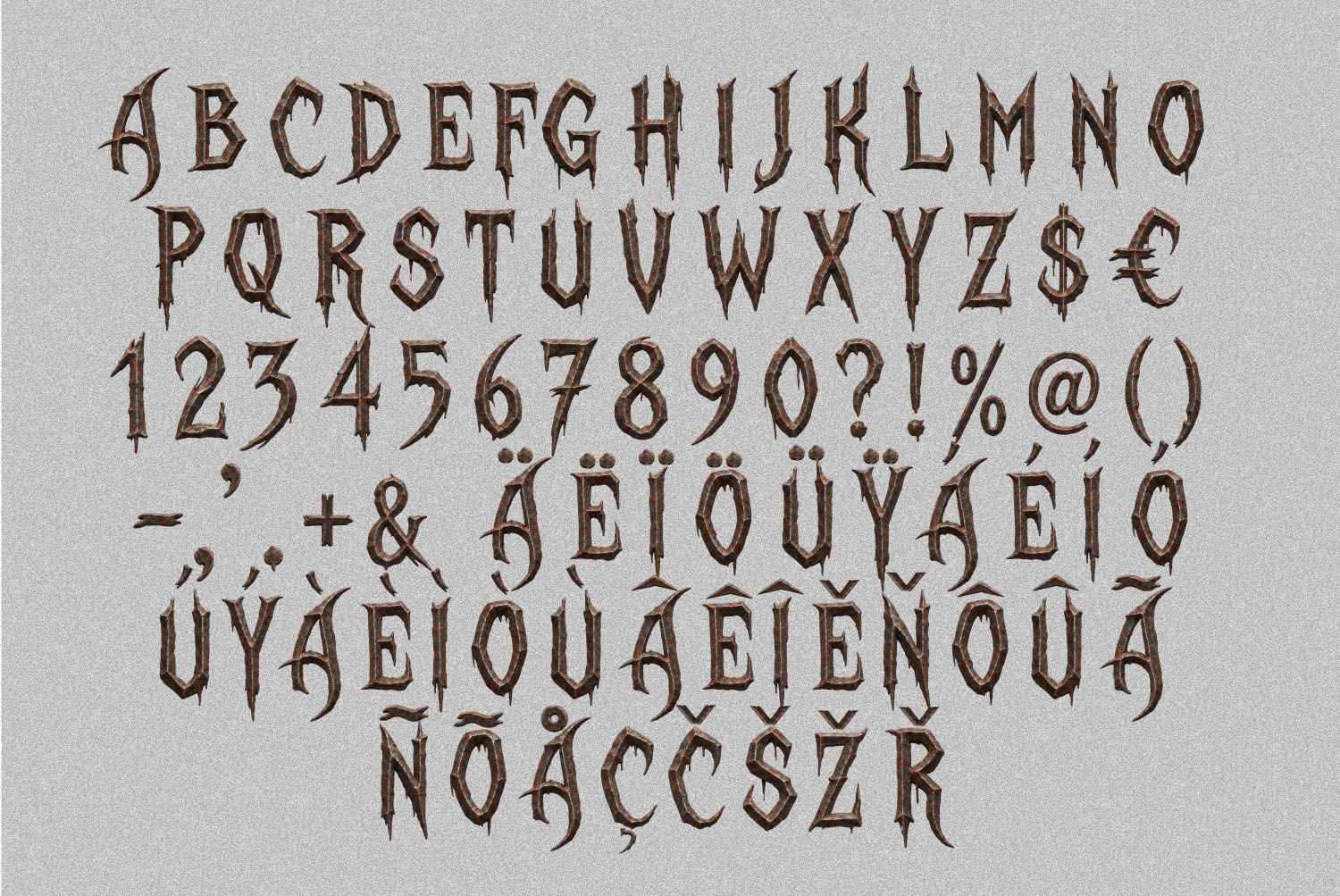 Character set of the Gothic Rust Font Uppercase alphabet, figures, punctuation and accents of the Gothic Rust Font on light grey
