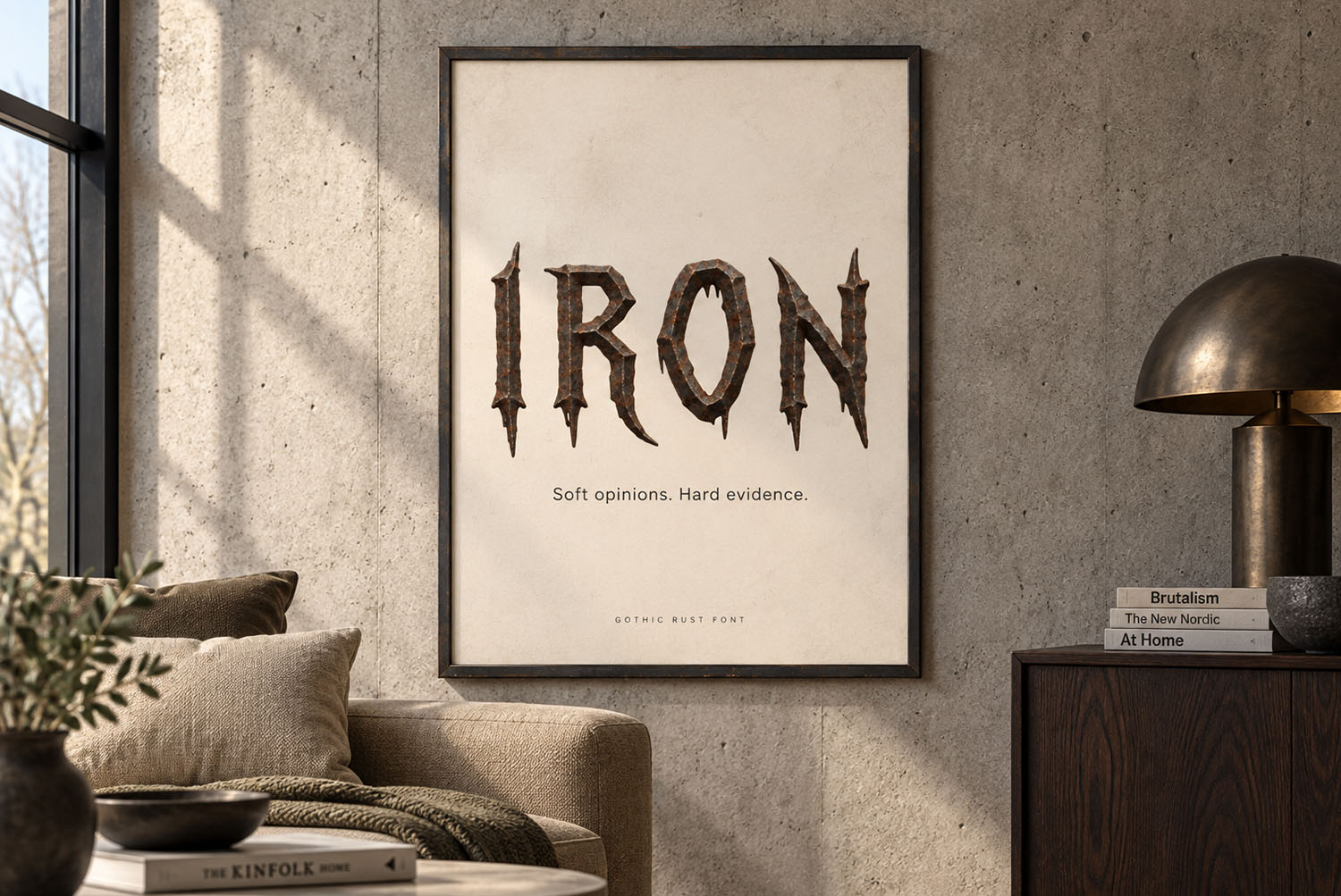 Framed IRON print in the Gothic Rust Font Framed print reading IRON in the Gothic Rust Font hanging above a sideboard