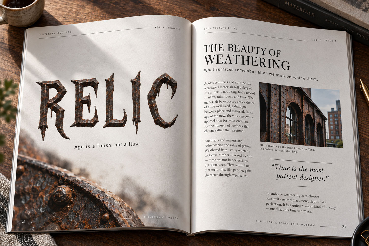 Magazine spread set in the Gothic Rust Font Magazine spread with the headline RELIC set in the Gothic Rust Font