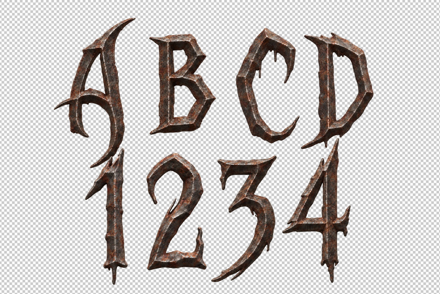 Letters and figures of the Gothic Rust Font Letters A to D and figures one to four of the Gothic Rust Font on a transparent background