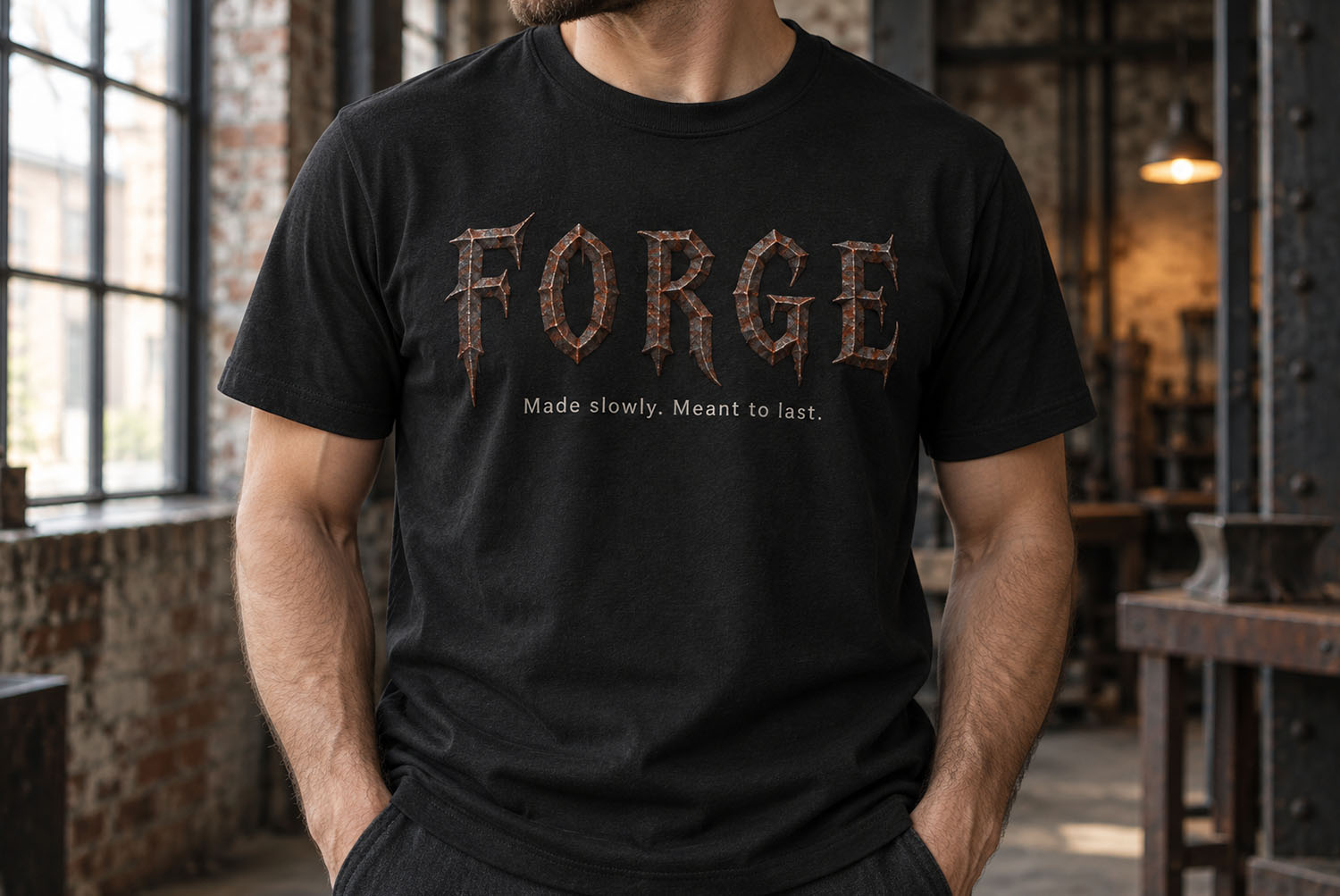 FORGE t-shirt in the Gothic Rust Font Black t-shirt printed with the word FORGE in the Gothic Rust Font