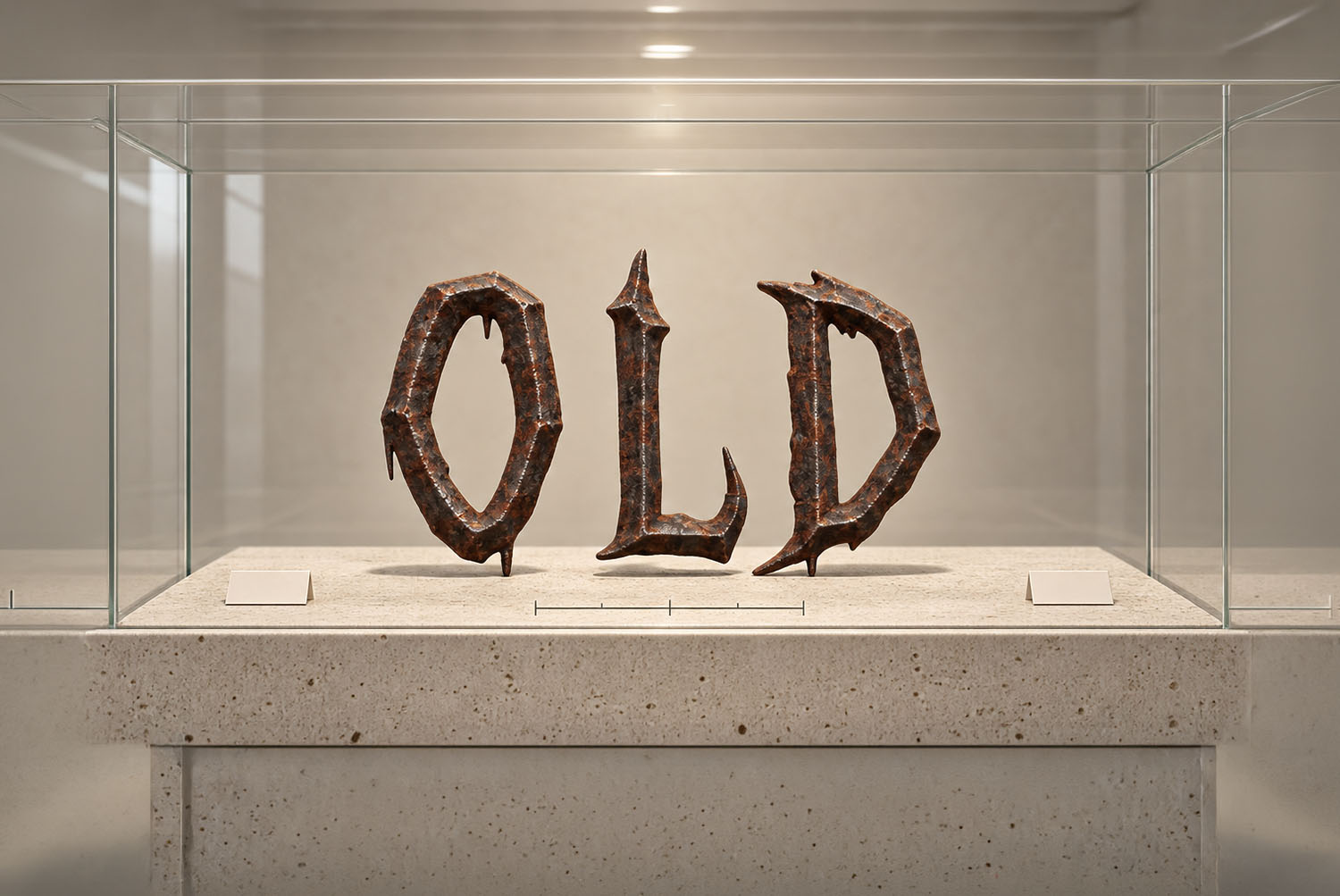 Museum vitrine with the Gothic Rust Font Glass museum vitrine holding the word OLD built from Gothic Rust Font letters