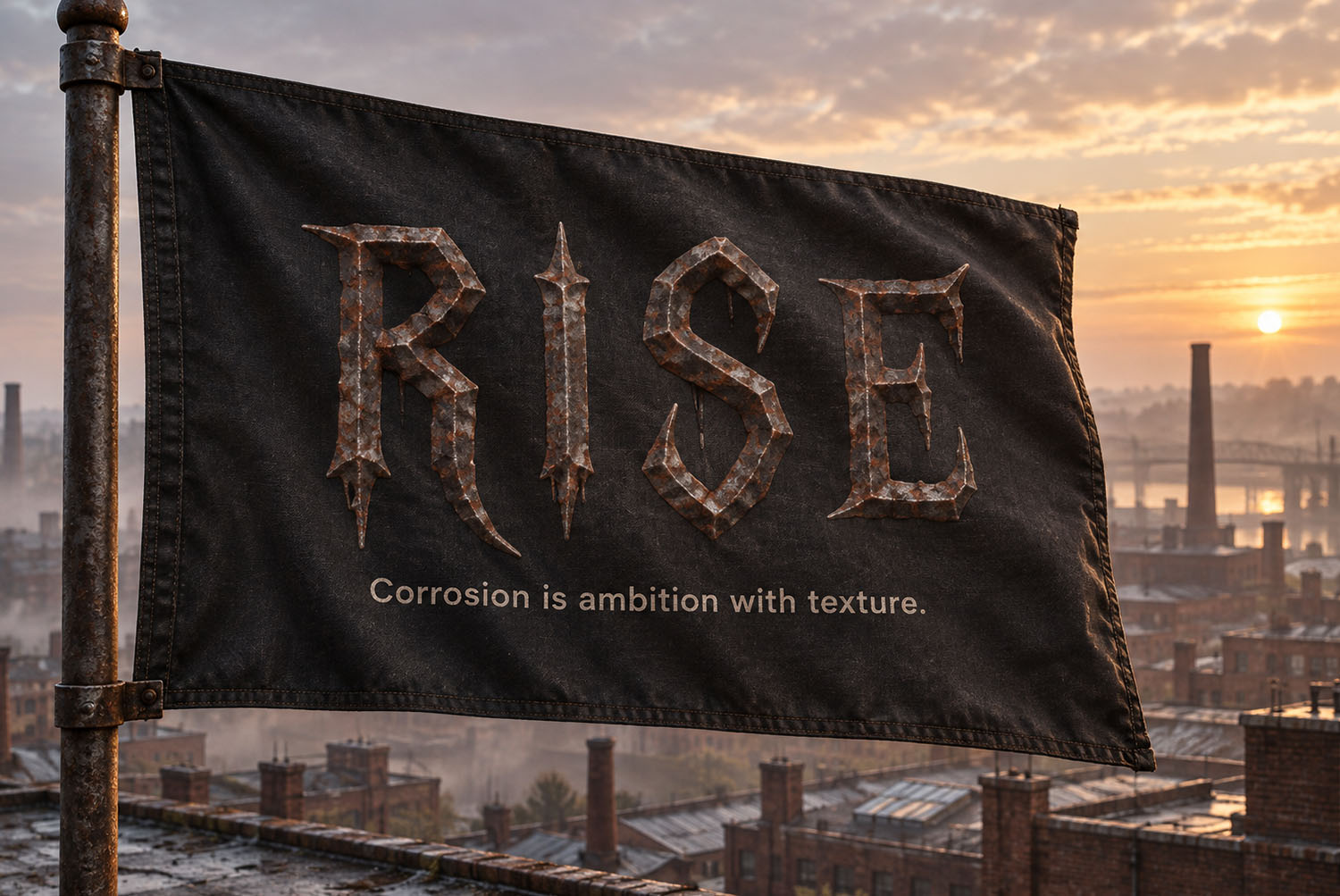 RISE flag in the Gothic Rust Font Dark flag reading RISE in the Gothic Rust Font flying above an industrial skyline